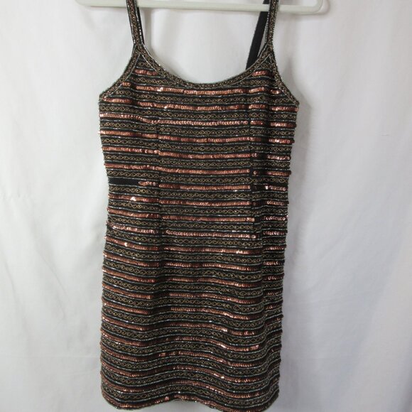 NBD Mini Cocktail Dress Black Copper Sequins Beading Stripes Tank Size Small - Picture 3 of 11